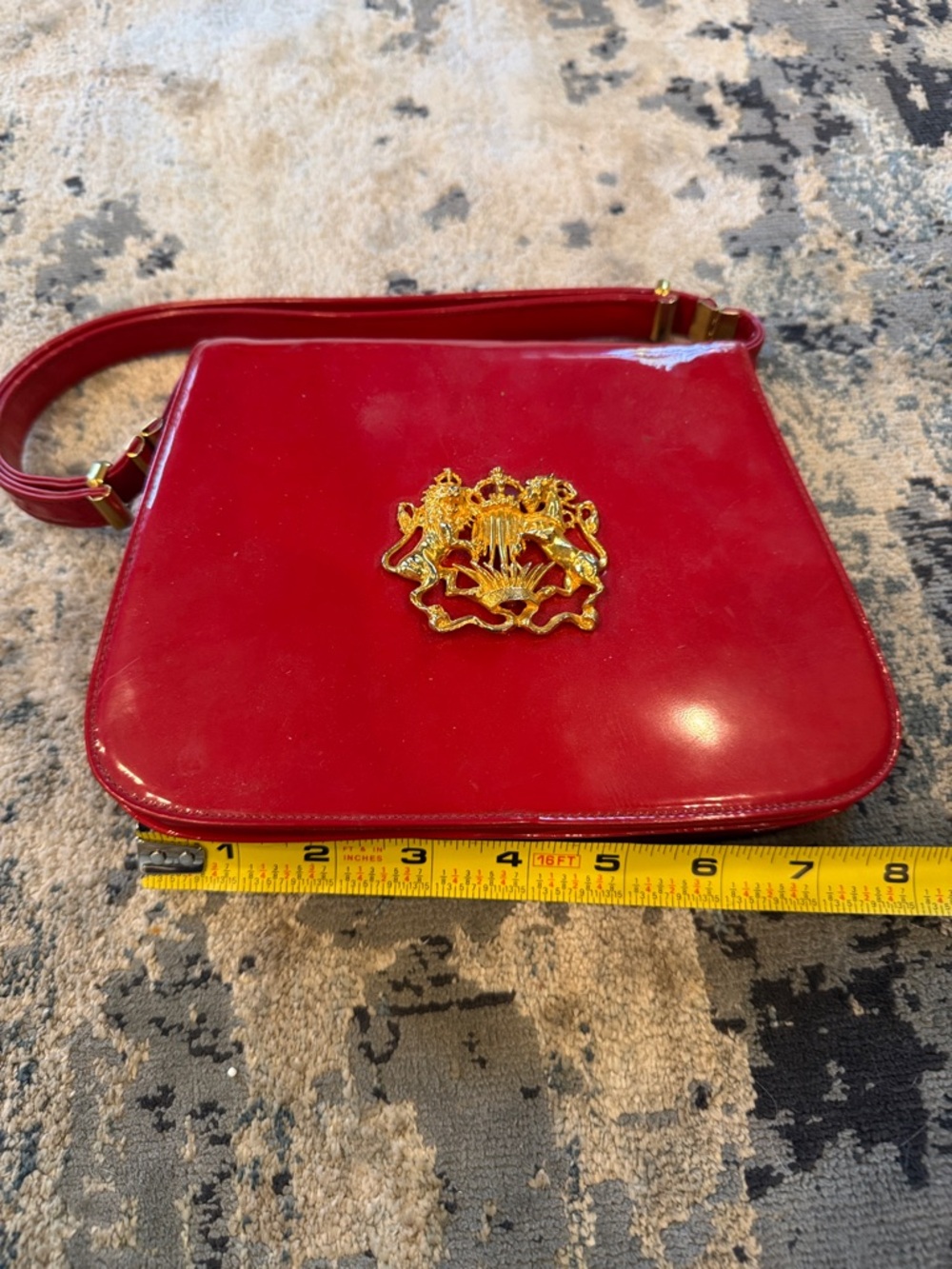 Vintage Red Patent Leather Bag with Gold Crest Hardware